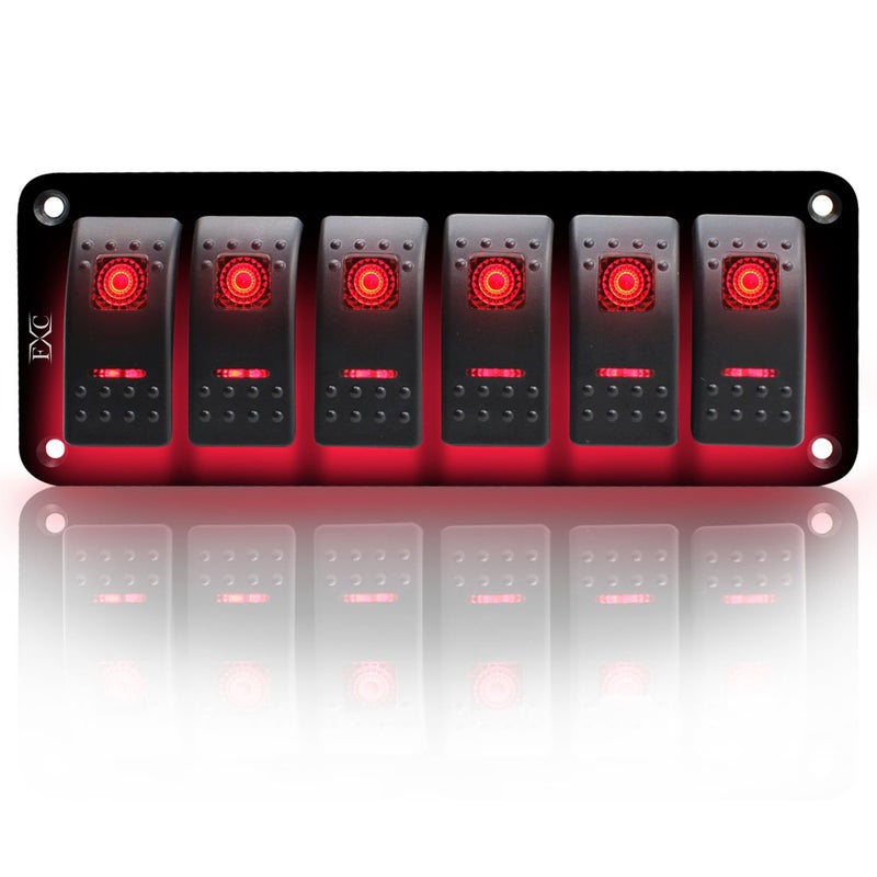 FXC Rocker Switch Aluminum Panel 6 Gang Toggle Switches Dash 5 Pin ON/Off 2 LED Backlit for Boat Car Marine Red - Image 1